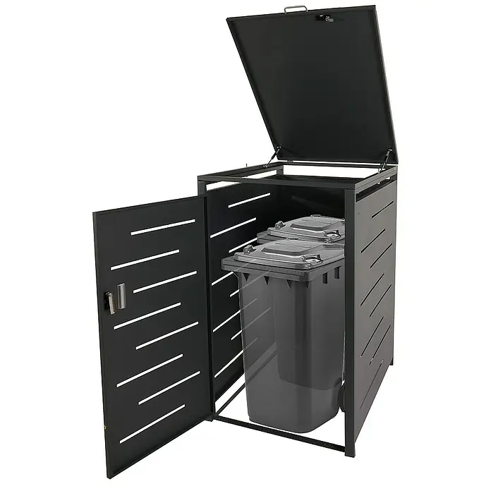 Proregal Mülltonnenbox XL 1er-/2er-Mülltonnenverkleidung - 71 x 98 cm, Metall, Anthrazit, Geeignet für Anzahl Mülltonnen: 2 Stk. - Schwarze Mülltonnenbox mit einer geöffneten Tür und einem hochgeklappten Deckel, die zwei Mülltonnen enthält.