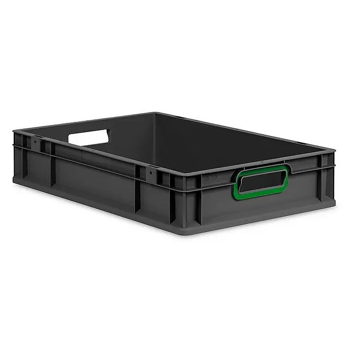 Proregal Eurobox Eurobox NextGen Color - L x B x H: 60 x 40 x 12 cm, Kunststoff, Schwarz, Grün - Das Bild zeigt eine graue Eurobox mit grünen Griffen. Die Box ist leer und steht auf einem weißen Untergrund. Ideal für Lagerung und Transport.