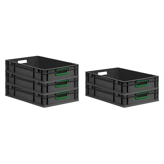 Proregal Eurobox Eurobox NextGen Color - L x B x H: 60 x 40 x 12 cm, Kunststoff, Schwarz, Grün - Graue Kunststoffbehälter mit grünen Griffen, gestapelt für Lagerung und Organisation, ideal für Industrie und Haushalt.