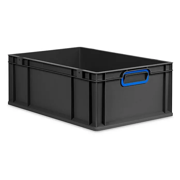 Proregal Eurobox Eurobox NextGen Color - L x B x H: 60 x 40 x 22 cm, Kunststoff, Schwarz, Blau - Ein grauer Kunststoffbehälter mit blauem Griff, ideal für Lagerung und Organisation, bietet robuste Bauweise für vielfältige Einsatzbereiche.