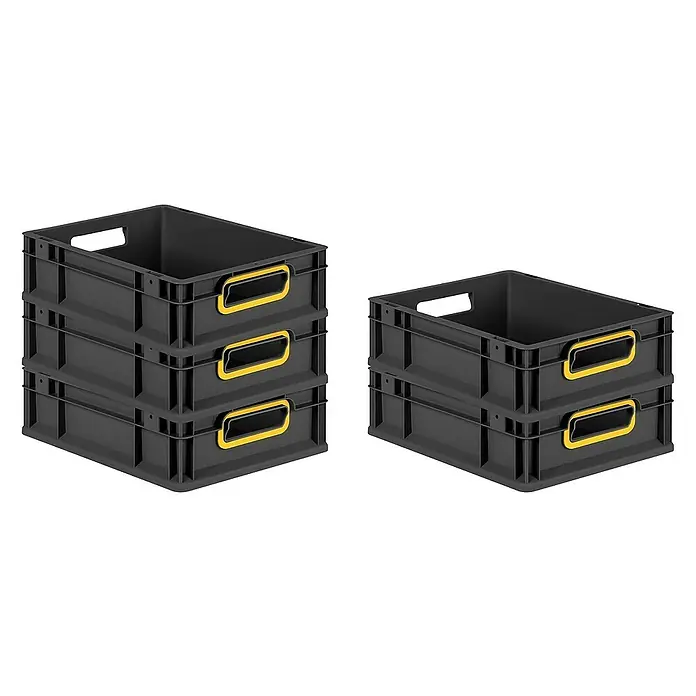 Proregal Eurobox Eurobox NextGen Color - L x B x H: 40 x 30 x 12 cm, Kunststoff, Schwarz, Gelb - Das Bild zeigt zwei Stapel grauer Kunststoffboxen mit gelben Griffen, ideal für Lagerung und Organisation.