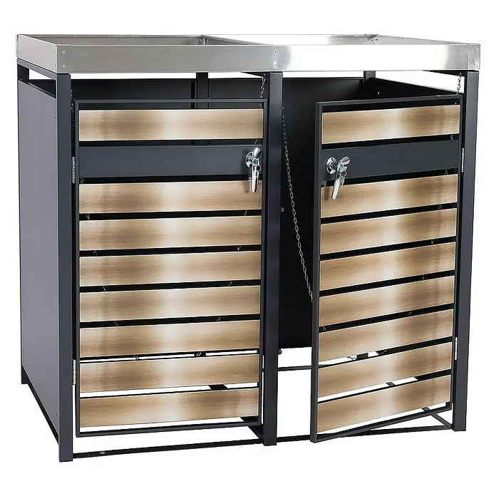 Proregal Mülltonnenbox 2er Mülltonnenverkleidung mit Pflanzkasten - Metall, Gold-Optik, Geeignet für Anzahl Mülltonnen: 2 Stk. - Doppelter Mülltonnenbox mit Holzverkleidung und abschließbaren Türen, ideal für die stilvolle Aufbewahrung von Mülltonnen im Außenbereich.