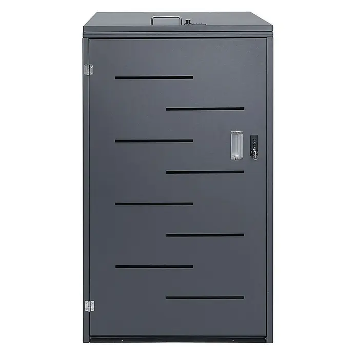 Proregal Mülltonnenbox Mülltonnenverkleidung - Metall, Anthrazit, Geeignet für Anzahl Mülltonnen: 1 Stk. - Ein grauer Paketkasten mit horizontalen Schlitzen, Griff, Schloss und Scharnieren für sichere Paketlieferungen.