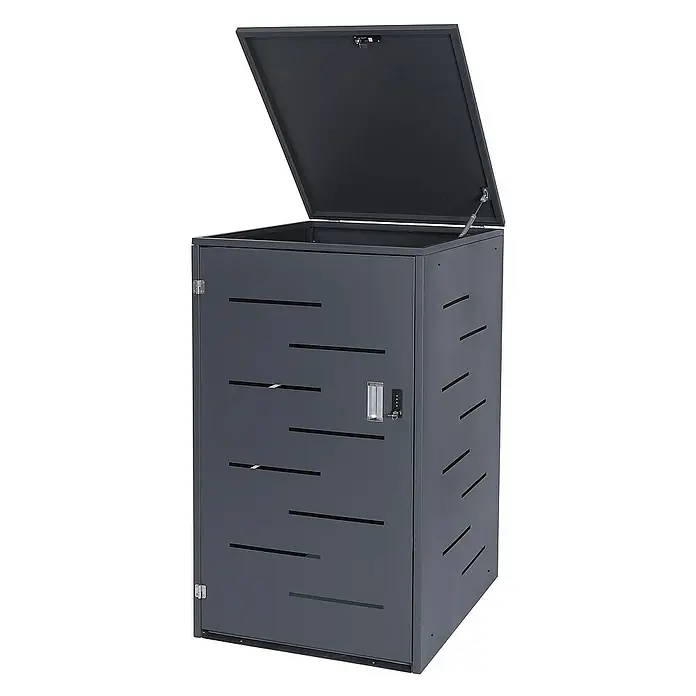 Proregal Mülltonnenbox Mülltonnenverkleidung - Metall, Anthrazit, Geeignet für Anzahl Mülltonnen: 1 Stk. - Graue Mülltonnenbox mit aufklappbarem Deckel und Tür mit Schloss, mit horizontalen Schlitzen versehen.