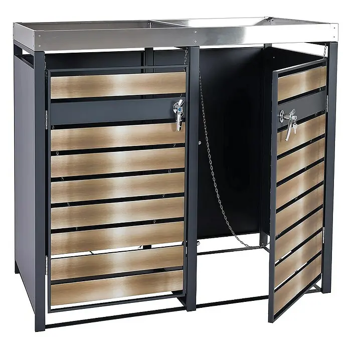 Proregal Mülltonnenbox 2er Mülltonnenverkleidung mit Pflanzkasten - Metall, Gold-Optik, Geeignet für Anzahl Mülltonnen: 2 Stk. - Mülltonnenbox mit zwei abschließbaren Türen und Holzverkleidung für den Außenbereich. Robuste Konstruktion für stilvolle Mülltonnenlagerung.