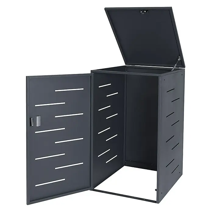 Proregal Mülltonnenbox Mülltonnenverkleidung - Metall, Anthrazit, Geeignet für Anzahl Mülltonnen: 1 Stk. - Das Bild zeigt einen grauen Mülltonnenbox mit einer Tür und einem offenen Deckel, ideal zur Aufbewahrung von Mülltonnen im Freien.