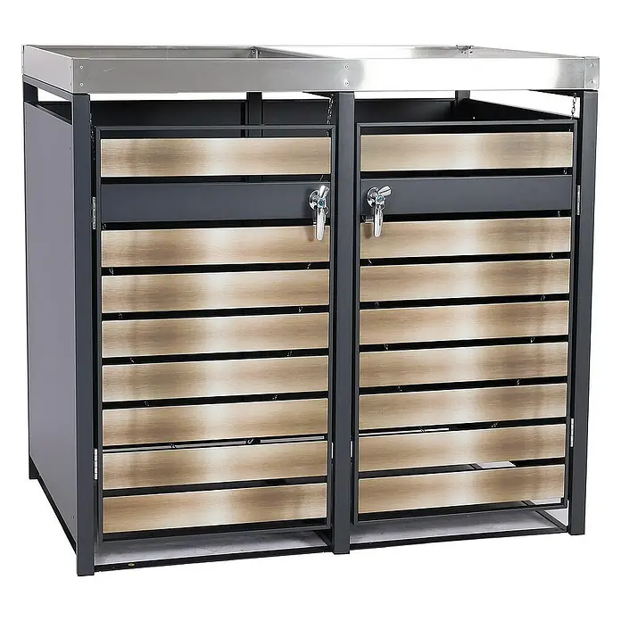 Proregal Mülltonnenbox 2er Mülltonnenverkleidung mit Pflanzkasten - Metall, Gold-Optik, Geeignet für Anzahl Mülltonnen: 2 Stk. - Ein stilvoller Mülltonnenbox-Doppel für den Außenbereich mit Holzlatten und abschließbaren Türen.