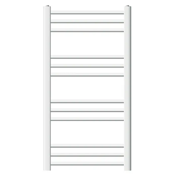 LuxeBath Elektro-Badheizkörper Handtuchwärmer Elektrisch Seitenanschluss mit Heizstab 300W gerade - B x H: 50 x 80 cm - Abbildung eines weißen Handtuchwärmers mit mehreren horizontalen Stangen zwischen zwei vertikalen Stützen für Badezimmer.