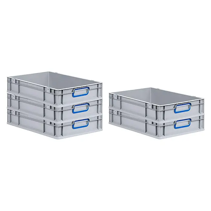 Proregal Eurobox Eurobox NextGen Color - Kunststoff, Grau, Blau - Das Bild zeigt eine Stapelbox aus grauem Kunststoff mit blauen Griffen, die sich ideal für die Lagerung und den Transport von Gegenständen eignet.