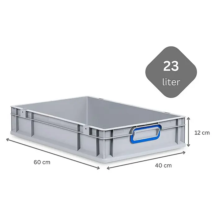 Proregal Eurobox Eurobox NextGen Color - Kunststoff, Grau, Blau - Abbildung einer grauen 23-Liter-Kunststoffbox mit den Maßen 60 x 40 x 12 cm, ideal für Lagerung und Transport.