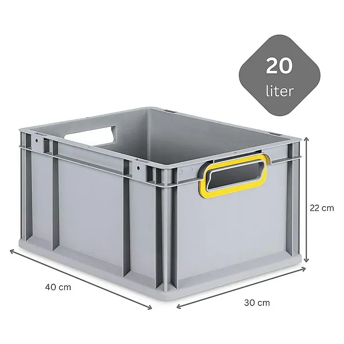 Proregal Eurobox Eurobox NextGen Color - Kunststoff, Grau, Gelb - Graue 20-Liter-Kunststoffbox mit gelben Griffen und Maßangaben (40 x 30 x 22 cm) für Lagerung und Organisation.