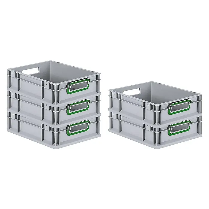 Proregal Eurobox Eurobox NextGen Color - Kunststoff, Grau, Grün - Graue Lagerboxen aus Kunststoff, einmal als Stapel von drei Boxen und einmal als Stapel von zwei Boxen für Lager und Transport.