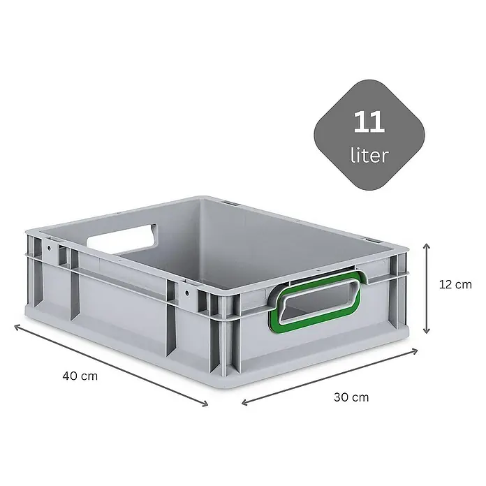 Proregal Eurobox Eurobox NextGen Color - Kunststoff, Grau, Grün - Ein grauer, rechteckiger 11-Liter-Kunststoffbehälter mit Griffen und den Maßen 40 x 30 x 12 cm.