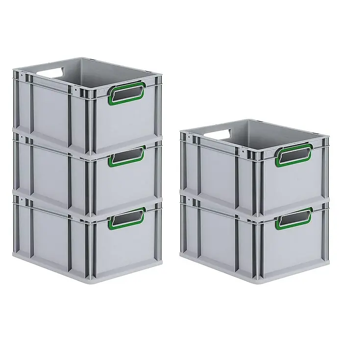 Proregal Eurobox Eurobox NextGen Color - Kunststoff, Grau, Grün - Gestapelte, graue Kunststoffboxen mit grünen Griffen. Ideal für Lagerung und Transport von Gegenständen aller Art. Robust und stapelbar.