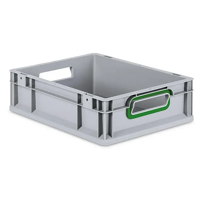 Proregal Eurobox Eurobox NextGen Color - Kunststoff, Grau, Grün - Graue Kunststoffbox mit grünen Griffen. Diese robuste Lagerbox ist ideal für den Transport und die Aufbewahrung verschiedener Gegenstände.
