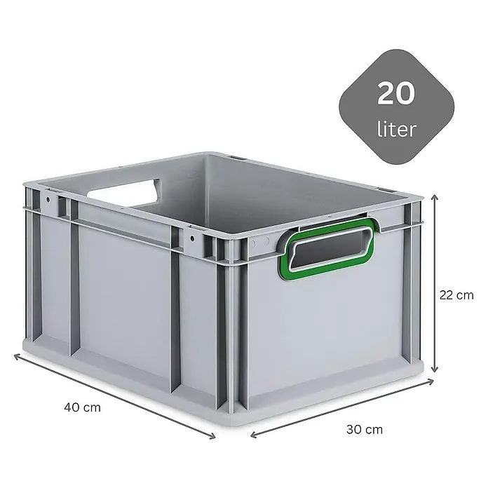 Proregal Eurobox Eurobox NextGen Color - Kunststoff, Grau, Grün - Graue 20-Liter-Kunststoffbox mit grünen Griffen und den Maßen 40 x 30 x 22 cm.