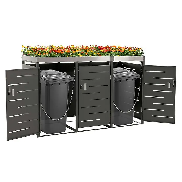 Proregal Mülltonnenbox 3er-Mülltonnenverkleidung - Metall, Edelstahl, Geeignet für Anzahl Mülltonnen: 3 Stk. - Mülltonnenbox aus Metall mit Pflanzkasten und zwei Mülltonnen. Die Box bietet eine ästhetische Lösung zur Aufbewahrung von Mülltonnen.