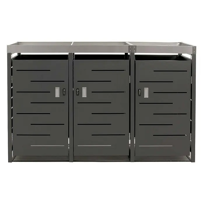Proregal Mülltonnenbox 3er-Mülltonnenverkleidung - Metall, Edelstahl, Geeignet für Anzahl Mülltonnen: 3 Stk. - Bild einer modernen, dreifachen Mülltonnenbox aus grauem Metall mit horizontalen Schlitzen und silberfarbenem Rahmen.