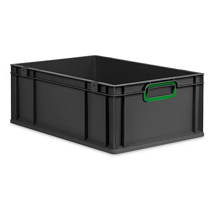 Proregal Eurobox Eurobox NextGen Color - L x B x H: 60 x 40 x 22 cm, Kunststoff, Schwarz, Grün - Eine graue Kunststoffbox mit einem grünen Griff, ideal zur Aufbewahrung und Organisation von Gegenständen im Lager oder zu Hause.