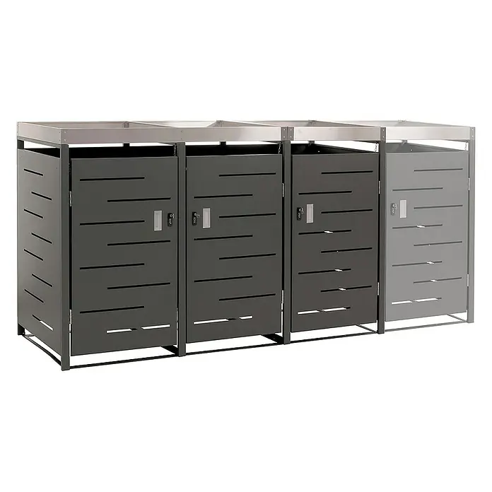 Proregal Mülltonnenbox 3er-Mülltonnenverkleidung - Metall, Edelstahl, Geeignet für Anzahl Mülltonnen: 3 Stk. - Mülltonnenbox: Eine stilvolle Mülltonnenbox mit drei Fächern, aus grauem Metall mit horizontalen Schlitzen und silberfarbenem Metalldach.