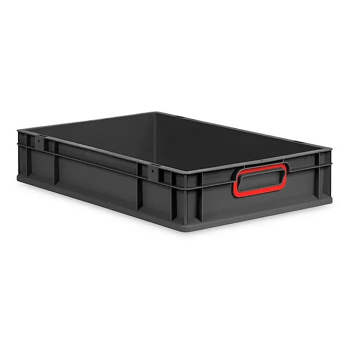 Proregal Eurobox Eurobox NextGen Color - L x B x H: 60 x 40 x 12 cm, Kunststoff, Schwarz, Rot - Eine graue Kunststoffbox mit einem roten Griff für den einfachen Transport und Lagerung von Gegenständen.