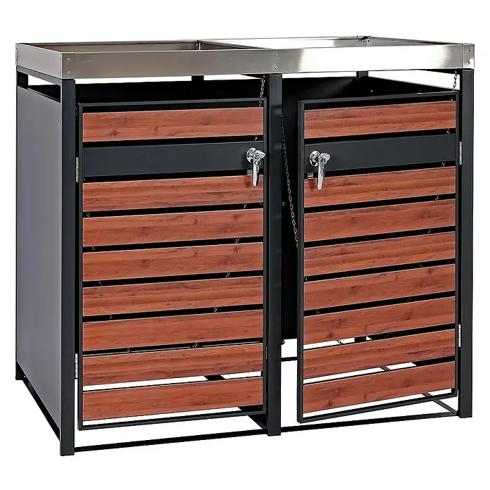 Proregal Mülltonnenbox 2er Mülltonnenverkleidung mit Pflanzkasten - 132 x 80 cm, Metall, Kirsche-Holzoptik, Geeignet für Anzahl Mülltonnen: 2 Stk. - Doppel-Mülltonnenbox aus Holz und Metall mit abschließbaren Türen und Edelstahlabdeckung für den Außenbereich.