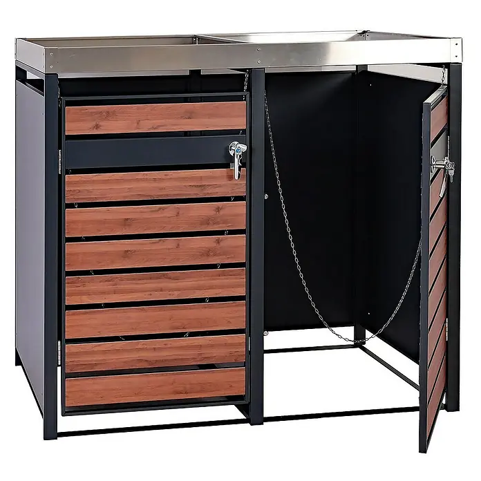 Proregal Mülltonnenbox 2er Mülltonnenverkleidung mit Pflanzkasten - 132 x 80 cm, Metall, Kirsche-Holzoptik, Geeignet für Anzahl Mülltonnen: 2 Stk. - Das Bild zeigt einen Mülltonnenbox mit Holzverkleidung und einer Ablagefläche aus Metall. Die Box hat zwei Fächer mit abschließbaren Türen.