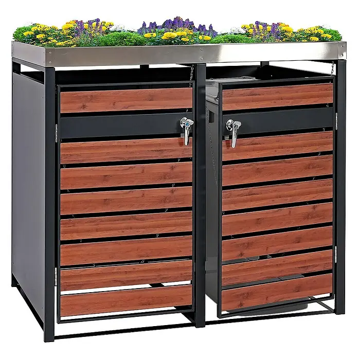 Proregal Mülltonnenbox 2er Mülltonnenverkleidung mit Pflanzkasten - 132 x 80 cm, Metall, Kirsche-Holzoptik, Geeignet für Anzahl Mülltonnen: 2 Stk. - Mülltonnenbox mit bepflanztem Dach. Das Produkt besteht aus Holz und Metall und bietet Platz für zwei Mülltonnen.