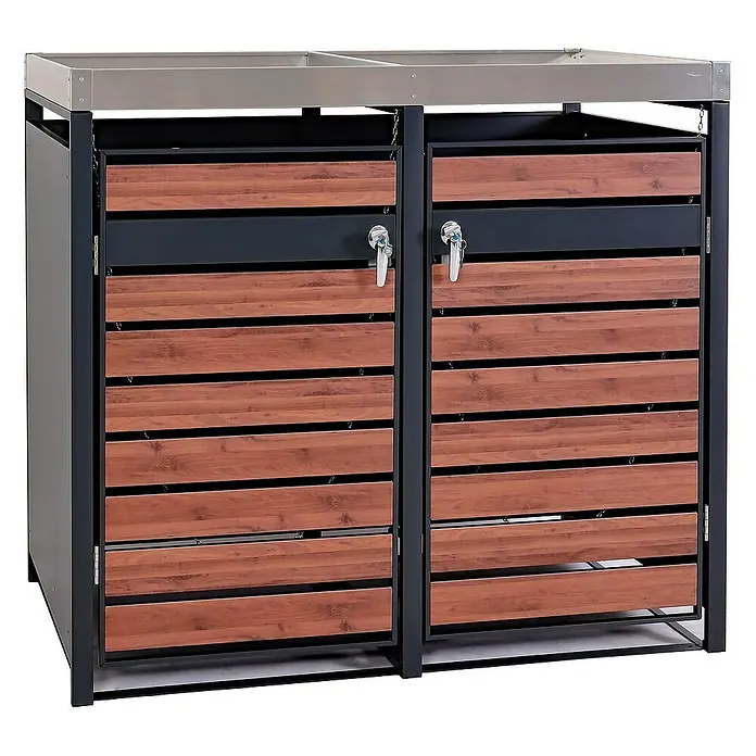 Proregal Mülltonnenbox 2er Mülltonnenverkleidung mit Pflanzkasten - 132 x 80 cm, Metall, Kirsche-Holzoptik, Geeignet für Anzahl Mülltonnen: 2 Stk. - Bild eines Mülltonnenbox-Doppel für den Außenbereich mit Holzverkleidung und abschließbaren Türen.