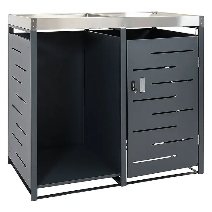 Proregal Mülltonnenbox 1er-Mülltonnenverkleidung mit Brennholzlager - 130 x 80 cm, Metall, Anthrazit, Geeignet für Anzahl Mülltonnen: 1 Stk. - Abfallbox mit zwei Fächern und einer Tür mit Schloss, ideal für die Mülltrennung im Außenbereich.