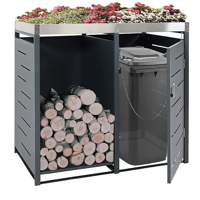 Proregal Mülltonnenbox 1er-Mülltonnenverkleidung mit Brennholzlager - 130 x 80 cm, Metall, Anthrazit, Geeignet für Anzahl Mülltonnen: 1 Stk. - Mehrzweck-Gartenbox mit Pflanzdach, bietet Stauraum für Brennholz und Mülltonne. Eine praktische und stilvolle Lösung für den Garten.
