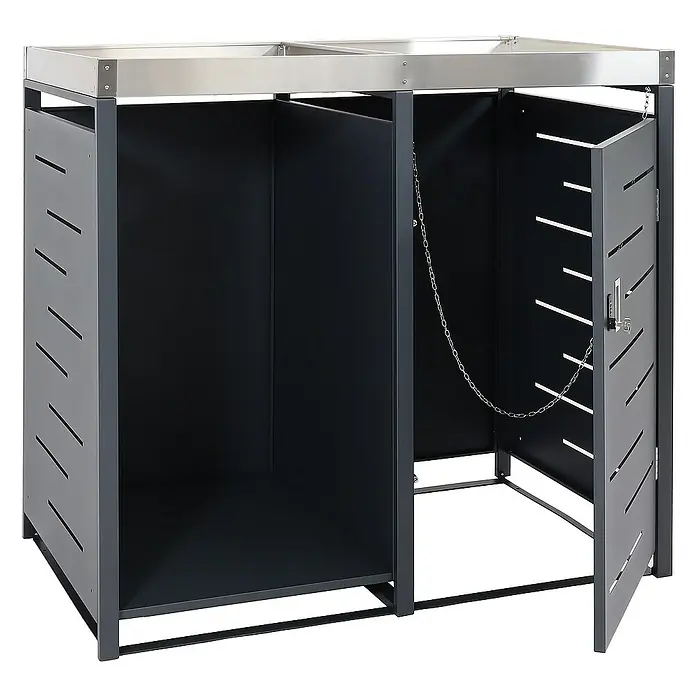 Proregal Mülltonnenbox 1er-Mülltonnenverkleidung mit Brennholzlager - 130 x 80 cm, Metall, Anthrazit, Geeignet für Anzahl Mülltonnen: 1 Stk. - Mülltonnenbox für zwei Tonnen, aus Metall in Anthrazit und Silber, mit abschließbarer Tür und praktischer Kette zur Befestigung des Deckels.
