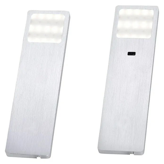 Paul Neuhaus LED-Unterbauleuchten-Set - 4 W, Länge: 190 mm, Warmweiß, Gebürstet, 2 Stk. - Zwei silberne, rechteckige LED-Leuchten für den Innenbereich, eine mit einem Sensor.