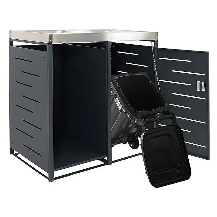 Proregal Mülltonnenbox 1er-Mülltonnenverkleidung mit Brennholzlager - 130 x 80 cm, Metall, Anthrazit, Geeignet für Anzahl Mülltonnen: 1 Stk. - Ein grauer Mülltonnenbox für zwei Tonnen mit Edelstahldeckel und offener Tür, die eine Mülltonne zeigt.