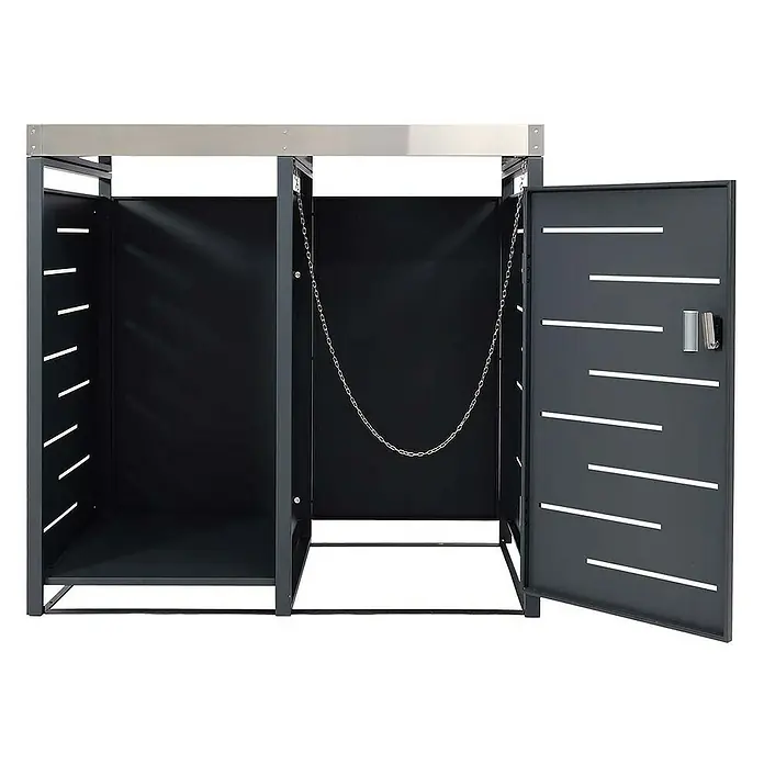 Proregal Mülltonnenbox 1er-Mülltonnenverkleidung mit Brennholzlager - 130 x 80 cm, Metall, Anthrazit, Geeignet für Anzahl Mülltonnen: 1 Stk. - Das Bild zeigt ein Mülltonnenbox-Modell in stilvollem Design mit horizontalen Schlitzen an der Tür für eine gute Belüftung.