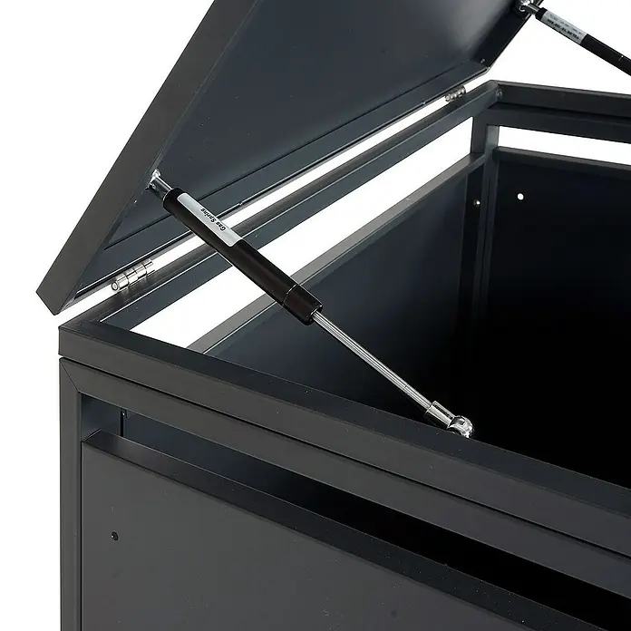 Proregal Mülltonnenbox 3er Mülltonnenverkleidung - Metall, Marmor-Optik dunkel, Geeignet für Anzahl Mülltonnen: 3 Stk. - Bild eines grauen Produkts mit offenem Deckel, unterstützt von zwei Gasdruckfedern.