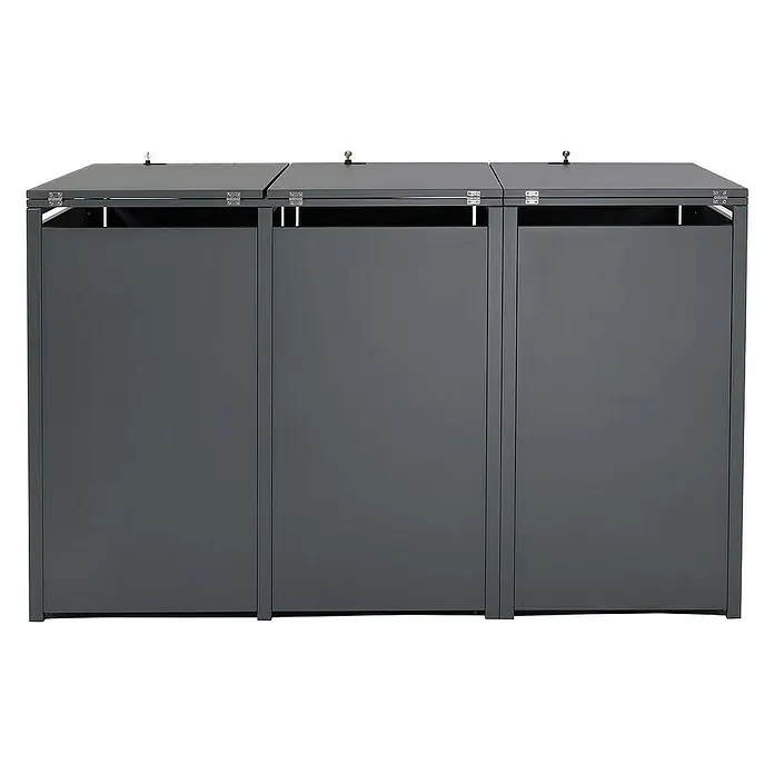 Proregal Mülltonnenbox 3er Mülltonnenverkleidung - Metall, Marmor-Optik dunkel, Geeignet für Anzahl Mülltonnen: 3 Stk. - Eine dreifache Mülltonnenbox aus anthrazitfarbenem Metall mit Klappdeckeln für die stilvolle Mülltrennung im Außenbereich.
