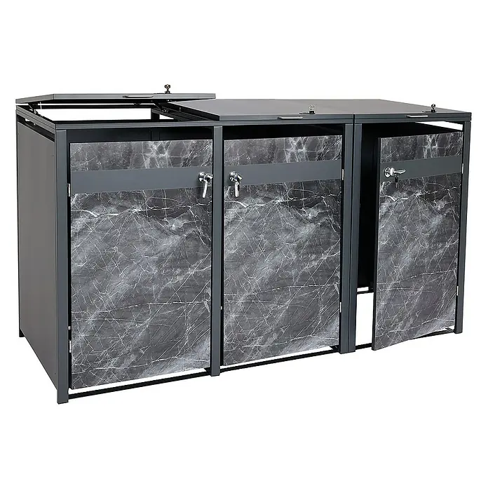 Proregal Mülltonnenbox 3er Mülltonnenverkleidung - Metall, Marmor-Optik dunkel, Geeignet für Anzahl Mülltonnen: 3 Stk. - Die moderne Mülltonnenbox mit drei Fächern und Marmor-Optik bietet stilvolle und praktische Aufbewahrung für Abfallbehälter im Außenbereich.