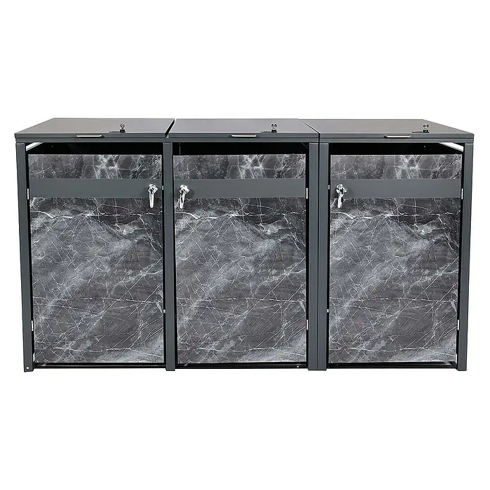 Proregal Mülltonnenbox 3er Mülltonnenverkleidung - Metall, Marmor-Optik dunkel, Geeignet für Anzahl Mülltonnen: 3 Stk. - Ein grauer, dreifacher Abfalltrenner mit marmorierter Front, ideal für die Müllsortierung in Haushalt oder Büro. Praktisches Design.