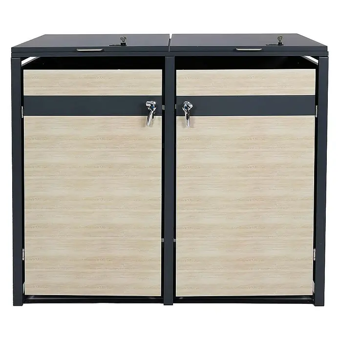 Proregal Mülltonnenbox 2er Mülltonnenverkleidung - Metall, Buche-Holzoptik Hellbraun, Geeignet für Anzahl Mülltonnen: 2 Stk. - Doppelter Mülltonnenbox aus Holz und Metall, mit abschließbaren Türen und Deckeln. Praktische Aufbewahrung für den Außenbereich.