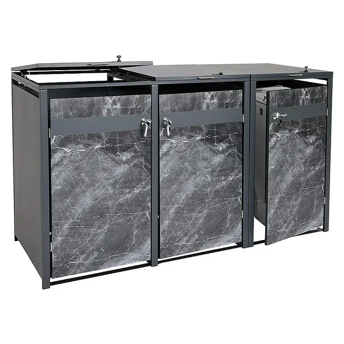 Proregal Mülltonnenbox 3er Mülltonnenverkleidung - Metall, Marmor-Optik dunkel, Geeignet für Anzahl Mülltonnen: 3 Stk. - Die Bild zeigt einen Mülltonnenbox mit drei Fächern und einer marmorierten Front, ideal für stilvolle Abfallentsorgung im Außenbereich.