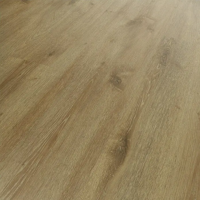 Vinylbodenmuster Sly XXL Cansignton Oak - 280 x 160 x 7 mm, Landhausdiele - Nahaufnahme eines hellen, warmen Laminatbodens, der die natürliche Holzmaserung und Textur hervorhebt. Perfekt für moderne Wohnräume.