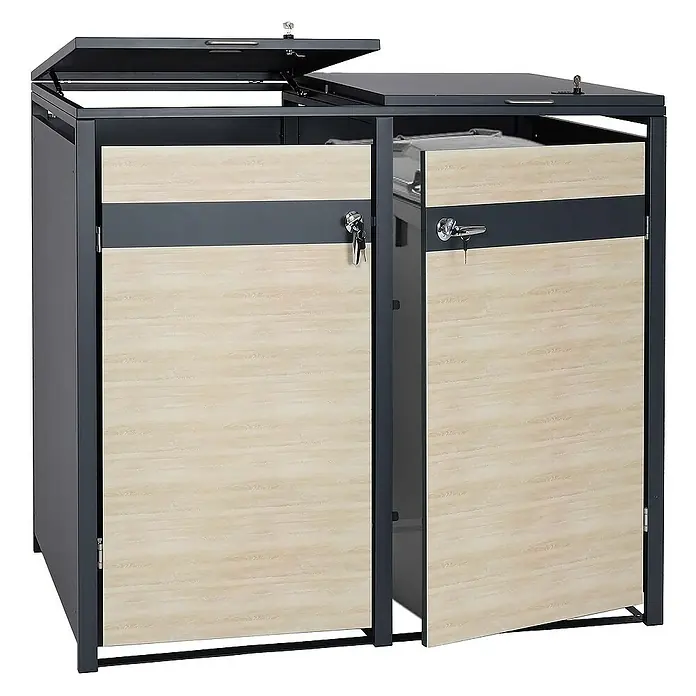 Proregal Mülltonnenbox 2er Mülltonnenverkleidung - Metall, Buche-Holzoptik Hellbraun, Geeignet für Anzahl Mülltonnen: 2 Stk. - Eine Mülltonnenbox mit zwei Fächern, Metallrahmen und Holztüren, wobei eine Tür geöffnet ist.