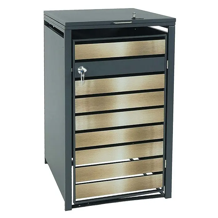 Proregal Mülltonnenbox 1er Mülltonnenverkleidung - 68 x 80 cm, Metall, Gold-Optik, Geeignet für Anzahl Mülltonnen: 1 Stk. - Ein stilvoller grauer Mülltonnenbox-Schrank mit einer Tür aus Holzlatten und einem Schloss zur sicheren Aufbewahrung.