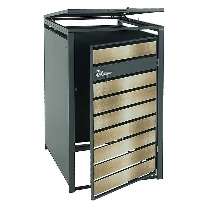 Proregal Mülltonnenbox 1er Mülltonnenverkleidung - 68 x 80 cm, Metall, Gold-Optik, Geeignet für Anzahl Mülltonnen: 1 Stk. - Die Mülltonnenbox aus grauem Metall und Holzlatten mit abschließbarer Tür und offenem Deckel bietet eine stilvolle Lösung zur Mülltonnenaufbewahrung.