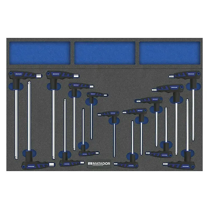 Matador Tool System T-Griff-Winkelschraubendreher - 15 -tlg. - Matador Innensechskant-Stiftschlüsselsatz, T-Griff, im grauen Schaumstoffmodul mit blauen Aussparungen. Vielseitiges Werkzeug für den professionellen Einsatz.