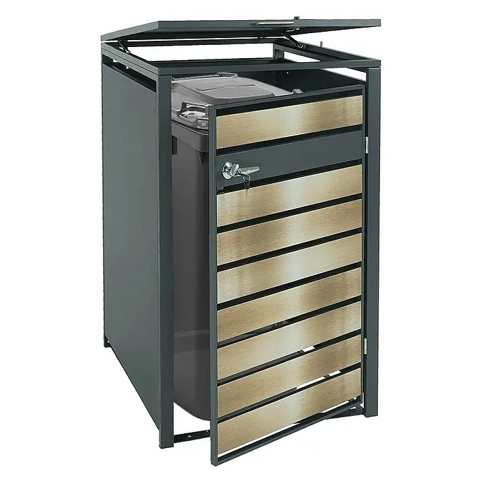 Proregal Mülltonnenbox 1er Mülltonnenverkleidung - 68 x 80 cm, Metall, Gold-Optik, Geeignet für Anzahl Mülltonnen: 1 Stk. - Mülltonnenbox aus Metall und Holz mit abschließbarer Tür und offenem Deckel zur Aufbewahrung von Mülltonnen im Außenbereich.