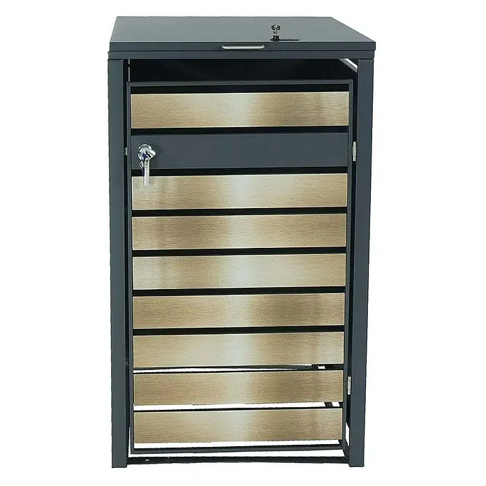 Proregal Mülltonnenbox 1er Mülltonnenverkleidung - 68 x 80 cm, Metall, Gold-Optik, Geeignet für Anzahl Mülltonnen: 1 Stk. - Metall-Mülltonnenbox mit Holzverkleidung. Die Mülltonnenbox hat ein abschliessbares Fach und bietet Platz für eine Mülltonne.