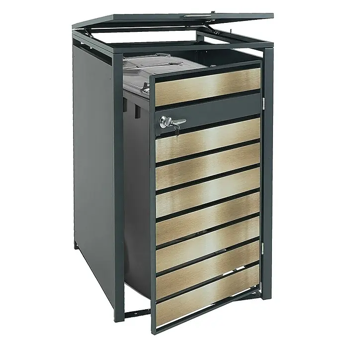 Proregal Mülltonnenbox XL 1er/2er-Mülltonnenverkleidung - 73 x 98 cm, Metall, Gold-Optik, Geeignet für Anzahl Mülltonnen: 2 Stk. - Ein grauer Mülltonnenbox mit einer Tür, die mit einem Schlüssel geöffnet werden kann, und einem aufklappbaren Deckel.
