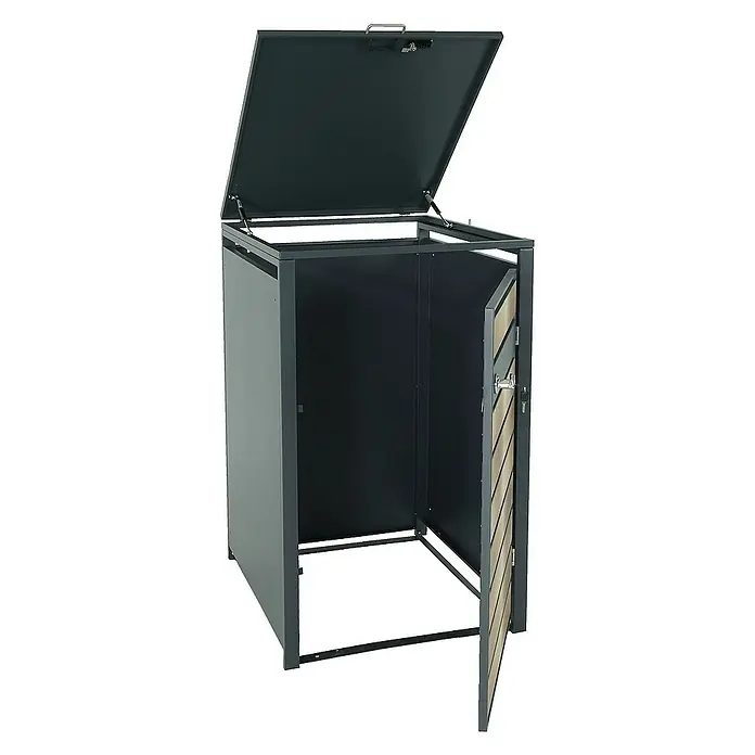 Proregal Mülltonnenbox XL 1er/2er-Mülltonnenverkleidung - 73 x 98 cm, Metall, Gold-Optik, Geeignet für Anzahl Mülltonnen: 2 Stk. - Mülltonnenbox mit geöffnetem Deckel und Tür, ideal zur stilvollen Aufbewahrung von Mülltonnen im Außenbereich.